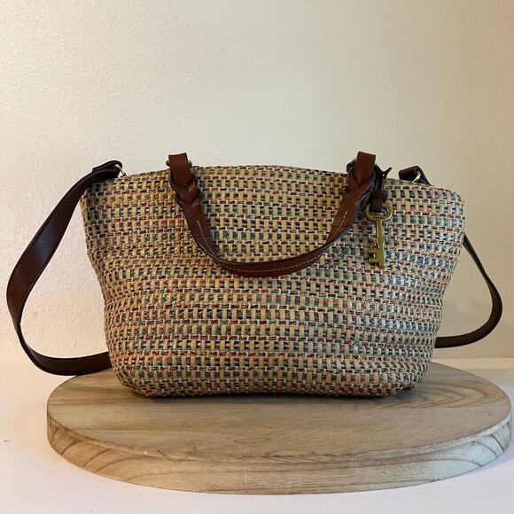 Fossil Multi Colored Woven Brown Leather Top Handle Crossbody Medium Bag - Picture 16 of 16